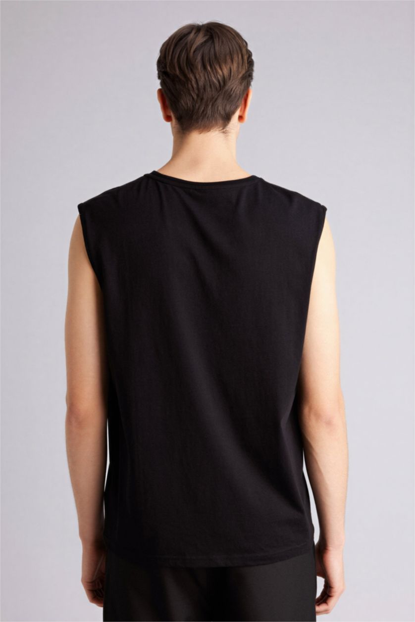 Erkek Siyah %100 Pamuk Boxy Fit Bisiklet Yaka Basic Düz Atlet