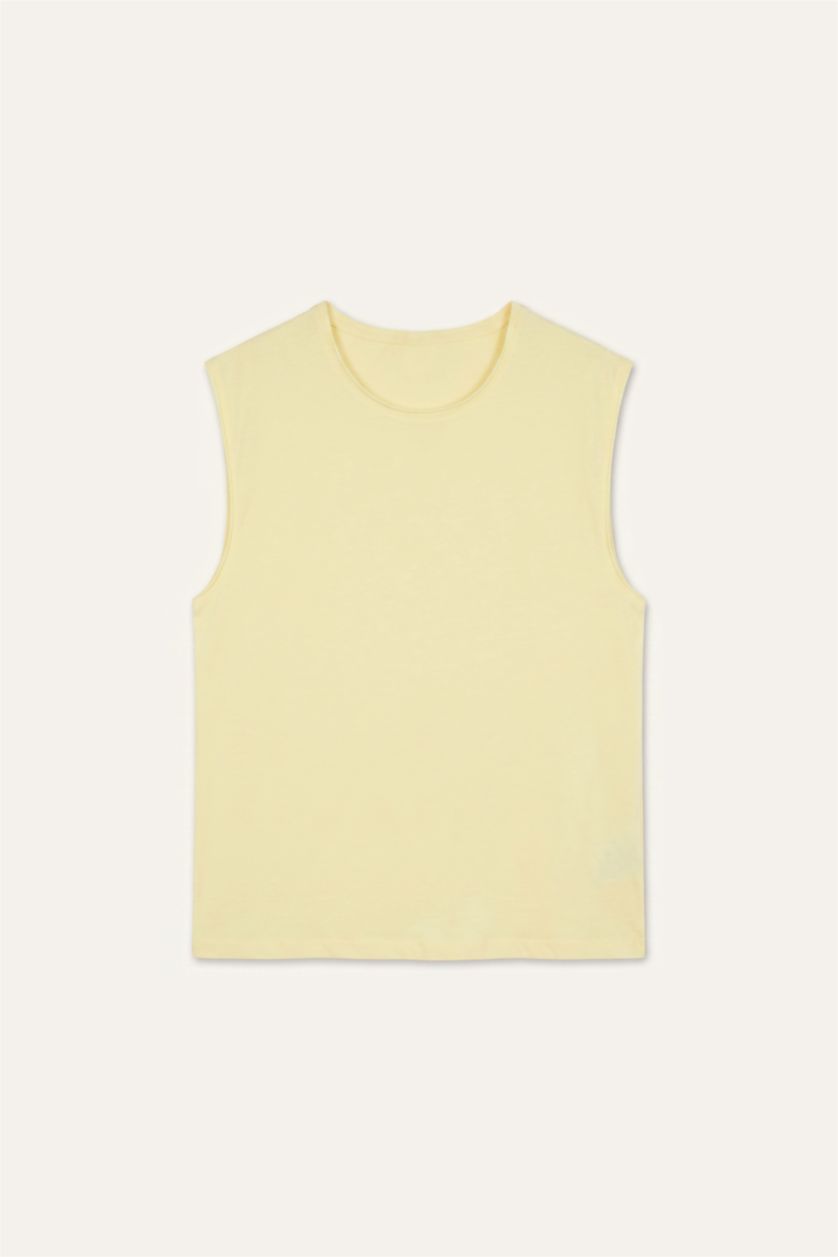 Men Light Yellow Boxy Fit Crew Neck Sleeveless Tank Top