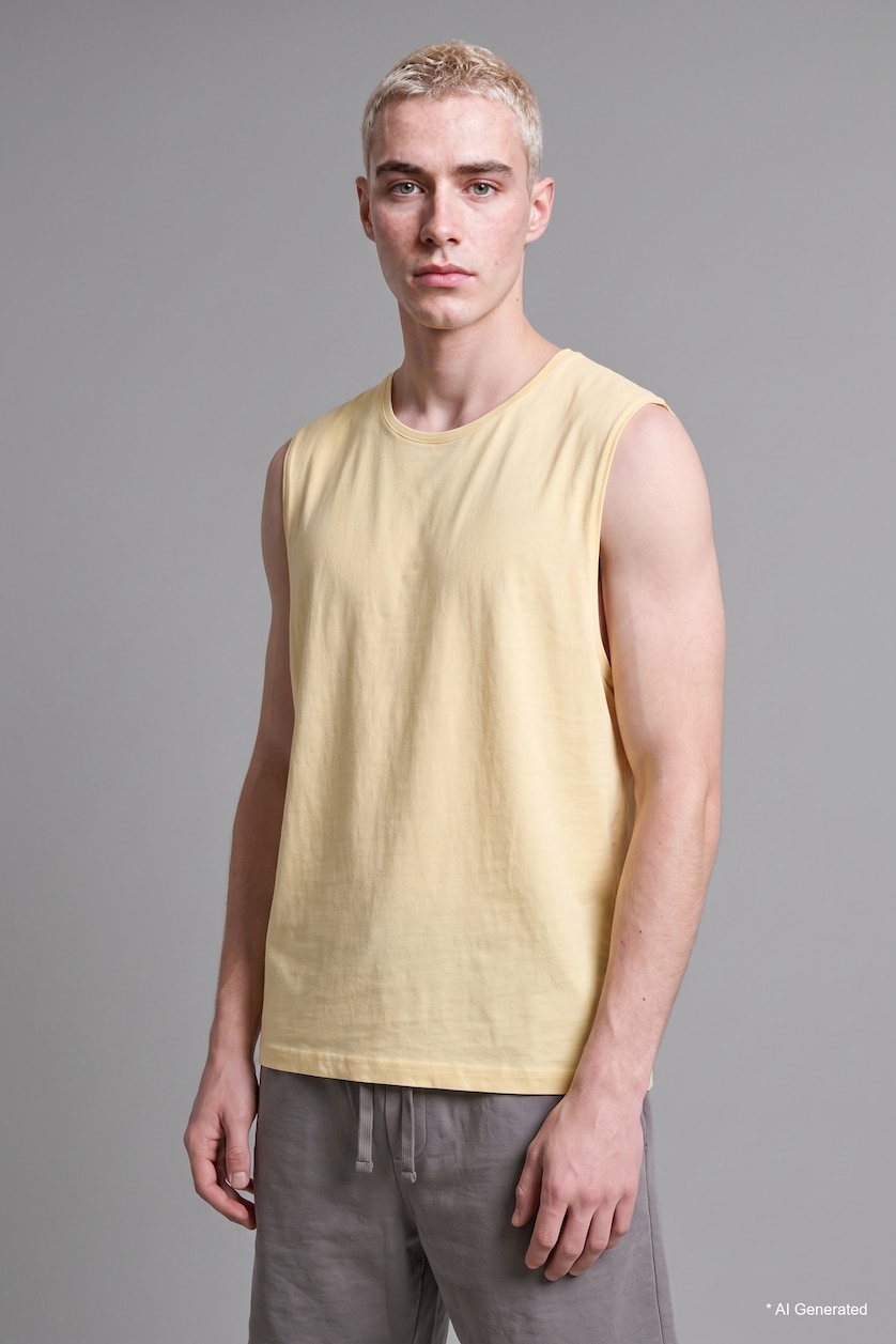 Men Light Yellow Boxy Fit 100% Cotton Yellow Crew Neck Sleeveless Tank Top
