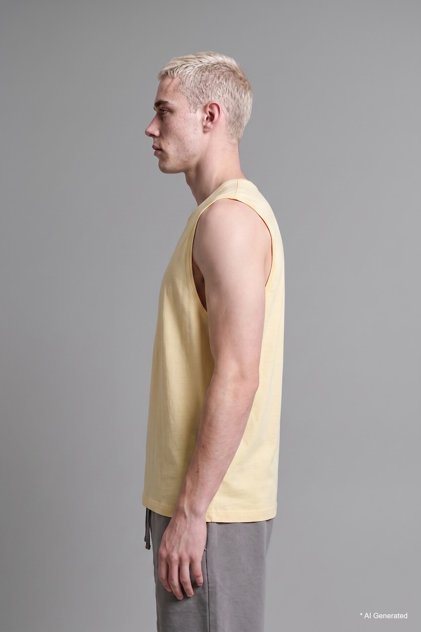 Men Light Yellow Boxy Fit 100% Cotton Yellow Crew Neck Sleeveless Tank Top