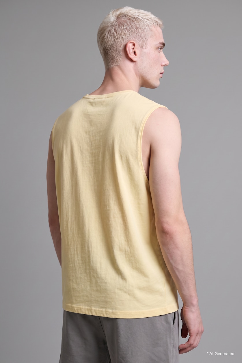 Men Light Yellow Boxy Fit 100% Cotton Yellow Crew Neck Sleeveless Tank Top