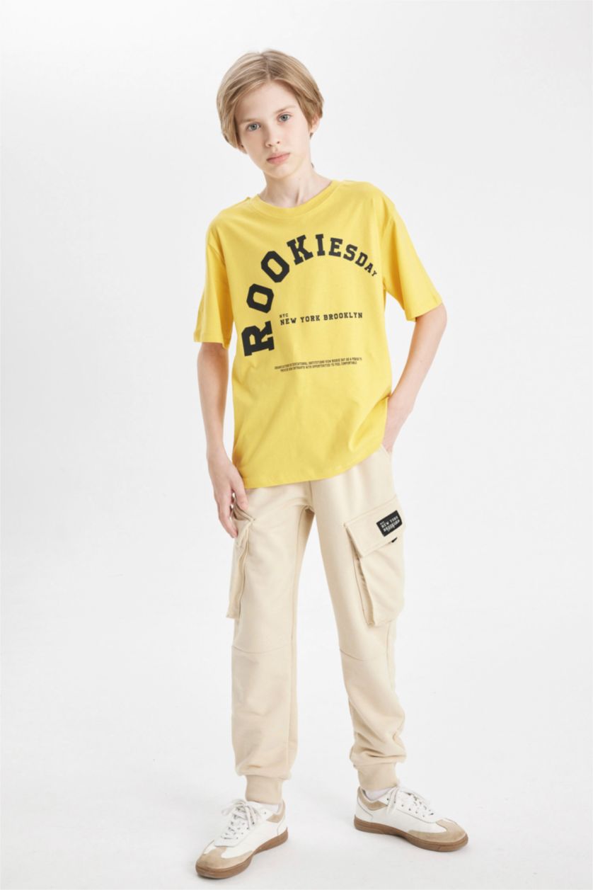 Erkek Çocuk - Genç Erkek Sarı Erkek Çocuk Bisiklet Yaka Yazı Baskılı Kısa Kollu Okul Tişörtü