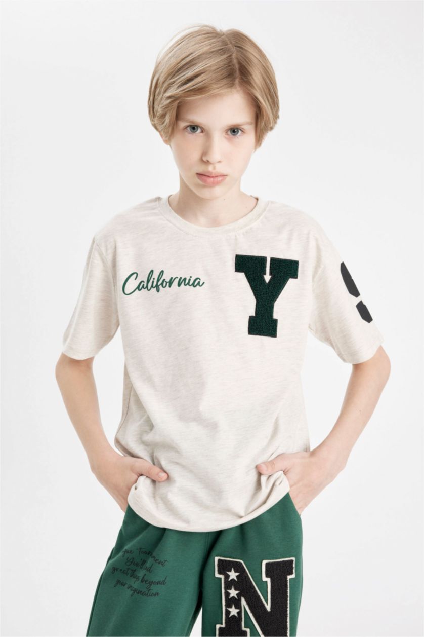 BOYS & TEENS Beige Melange Boy Crew Neck Printed T-Shirt