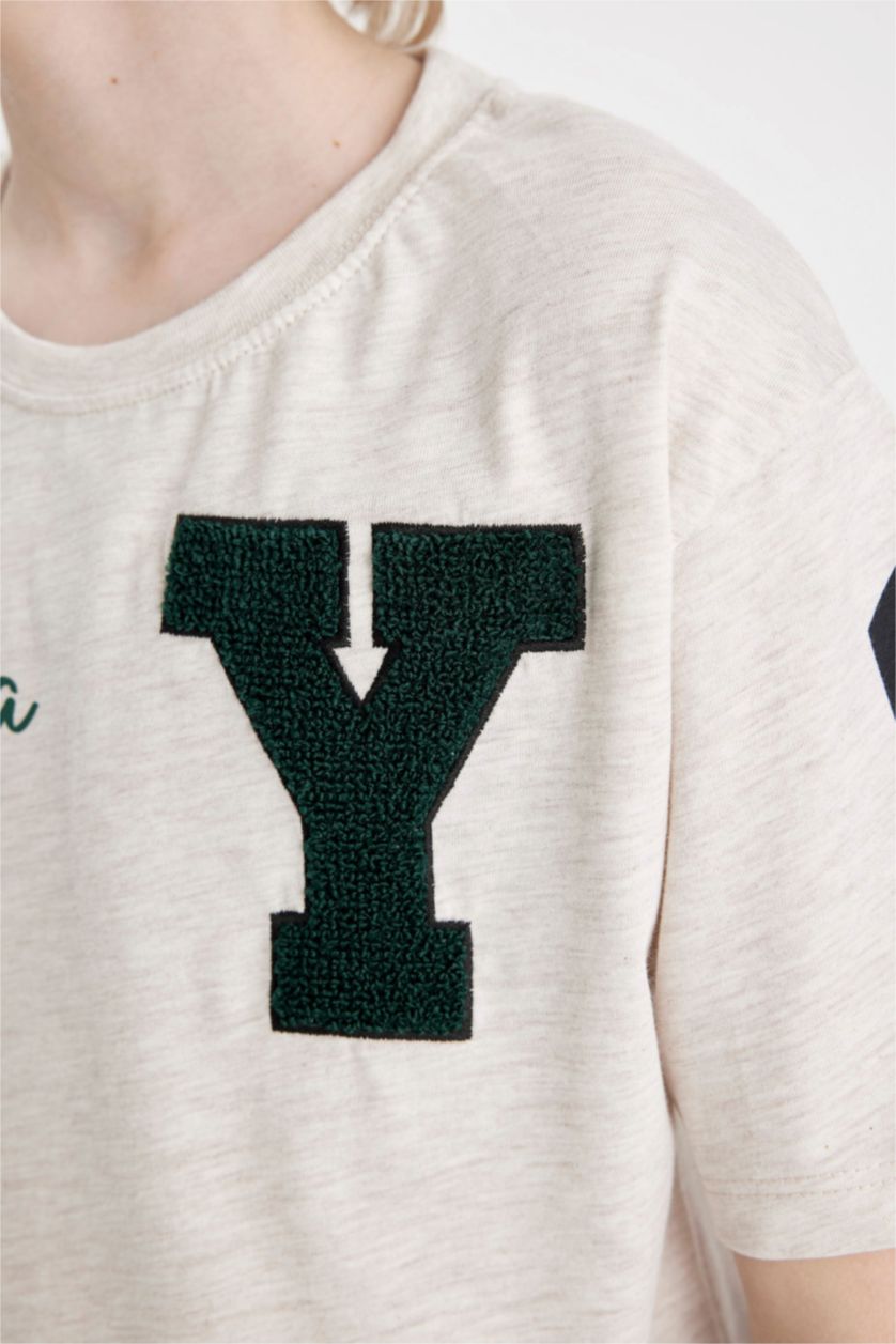 BOYS & TEENS Beige Melange Boy Crew Neck Printed T-Shirt