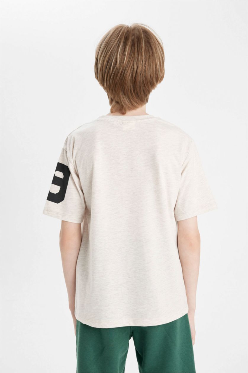 BOYS & TEENS Beige Melange Boy Crew Neck Printed T-Shirt
