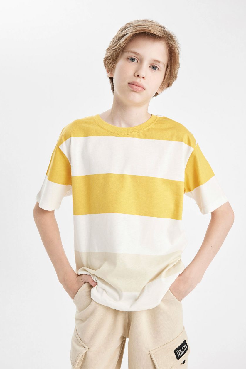 GARÇONS Jaune T-Shirt rayé À Manches Courtes et Col Ras Du Cou pour Garçon