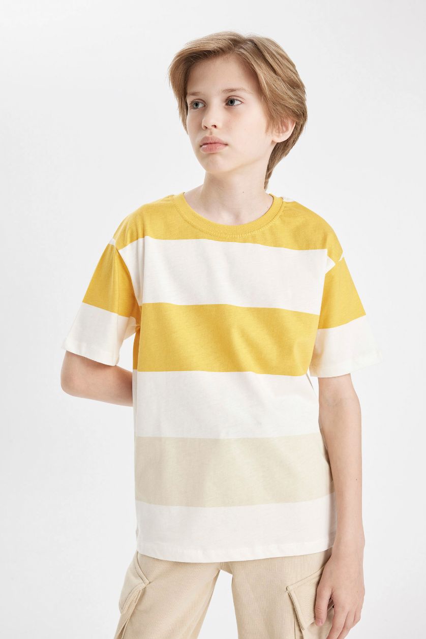 GARÇONS Jaune T-Shirt rayé À Manches Courtes et Col Ras Du Cou pour Garçon