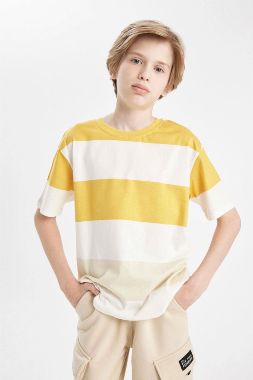 GARÇONS Jaune T-Shirt rayé À Manches Courtes et Col Ras Du Cou pour Garçon