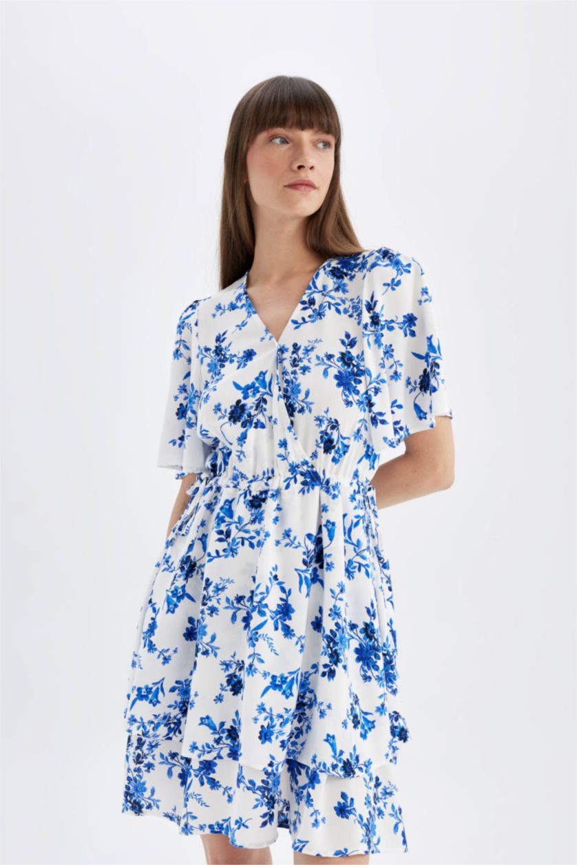 نساء أزرق فستان قصير كم طويل مطبوع منسوج