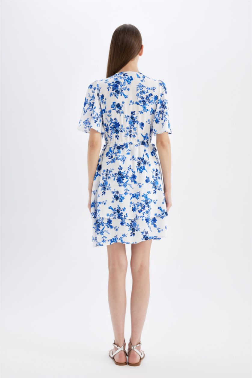 نساء أزرق فستان قصير كم طويل مطبوع منسوج