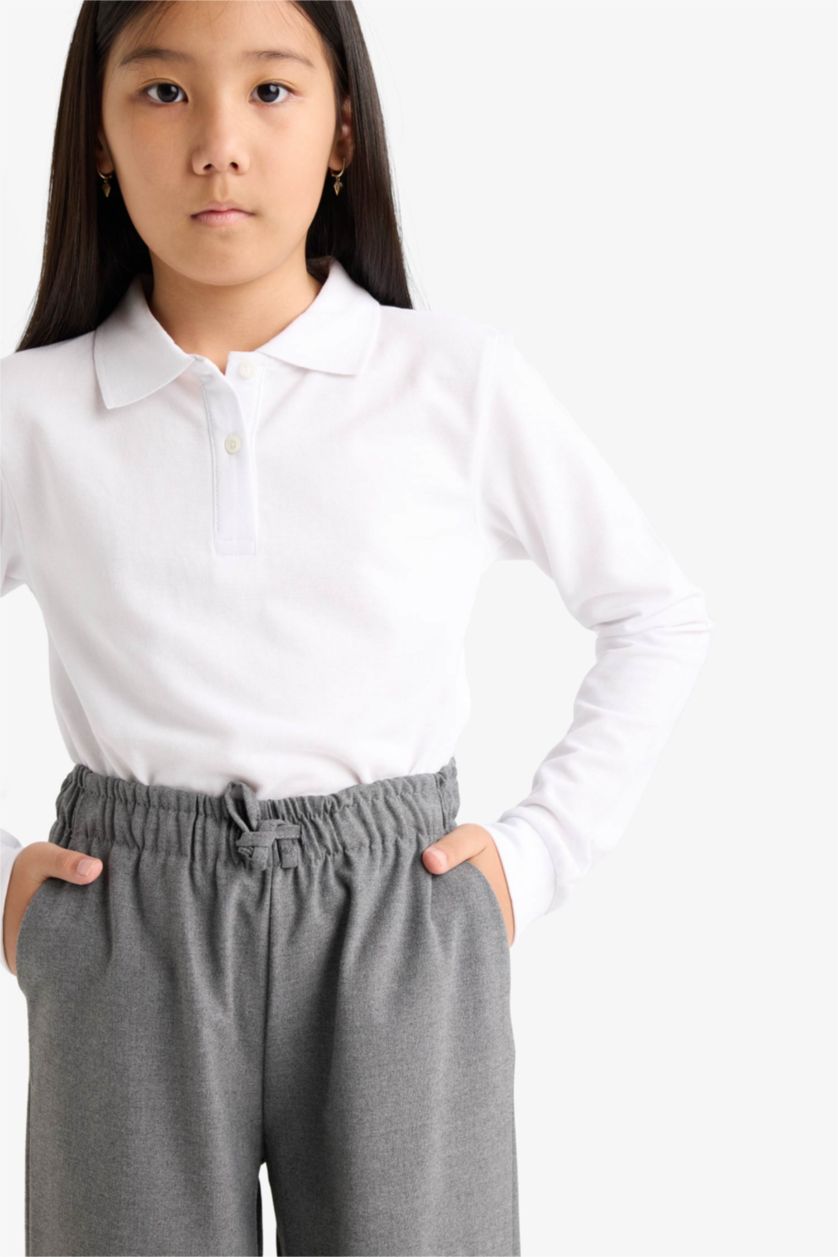 Kız Çocuk - Genç Kız Beyaz Okul Polo Yaka Basic Düz Pike 2'li Tişört Kız Çocuk
