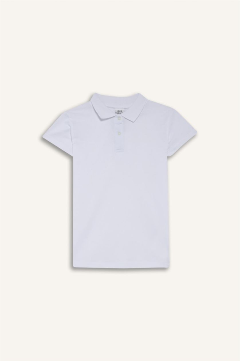 Kız Çocuk - Genç Kız Beyaz Okul Polo Yaka Basic Düz Pike 2'li Tişört Kız Çocuk