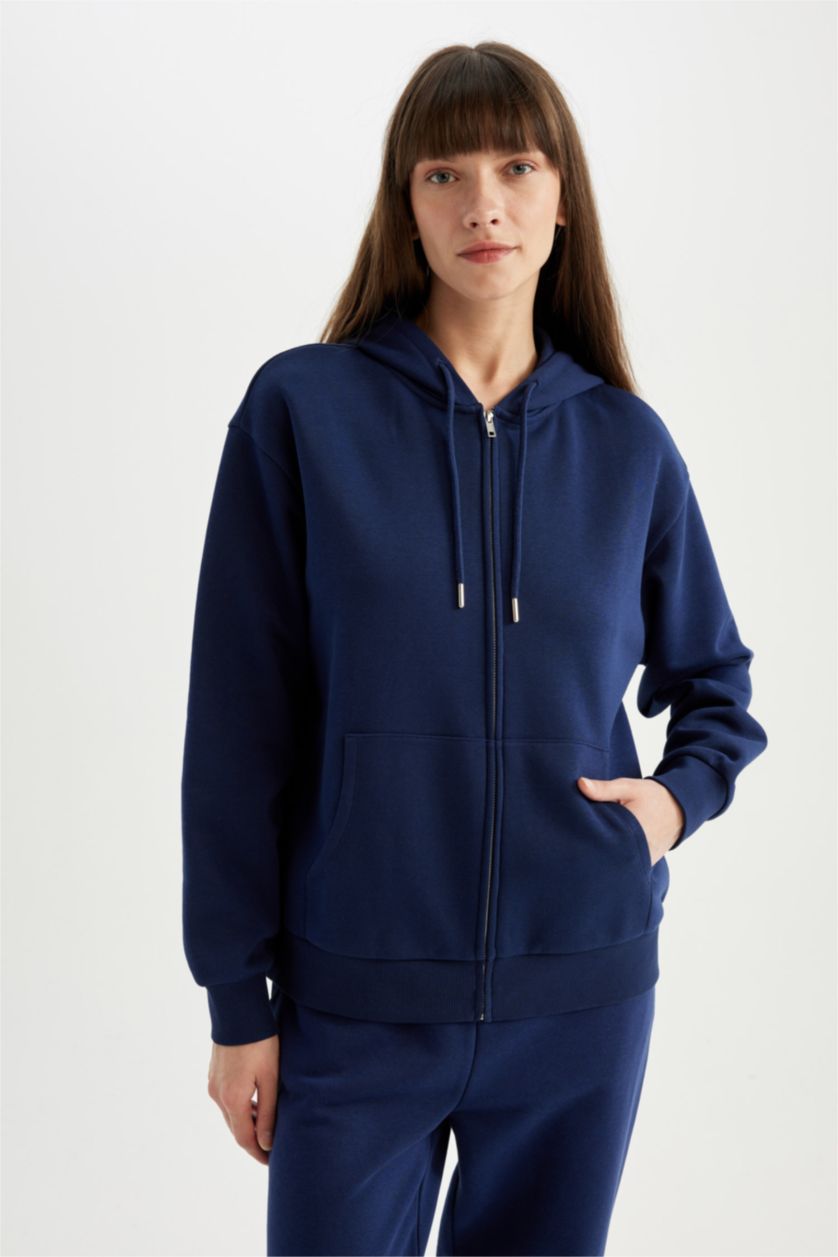 نساء كحلي Relax Fit Thick Sweatshirt Fabric Cardigan