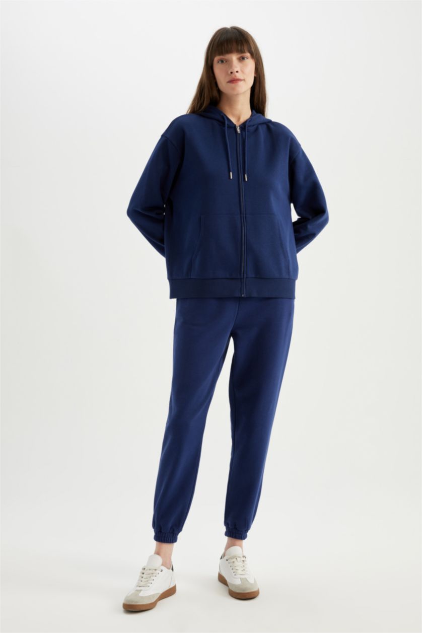 نساء كحلي Relax Fit Thick Sweatshirt Fabric Cardigan