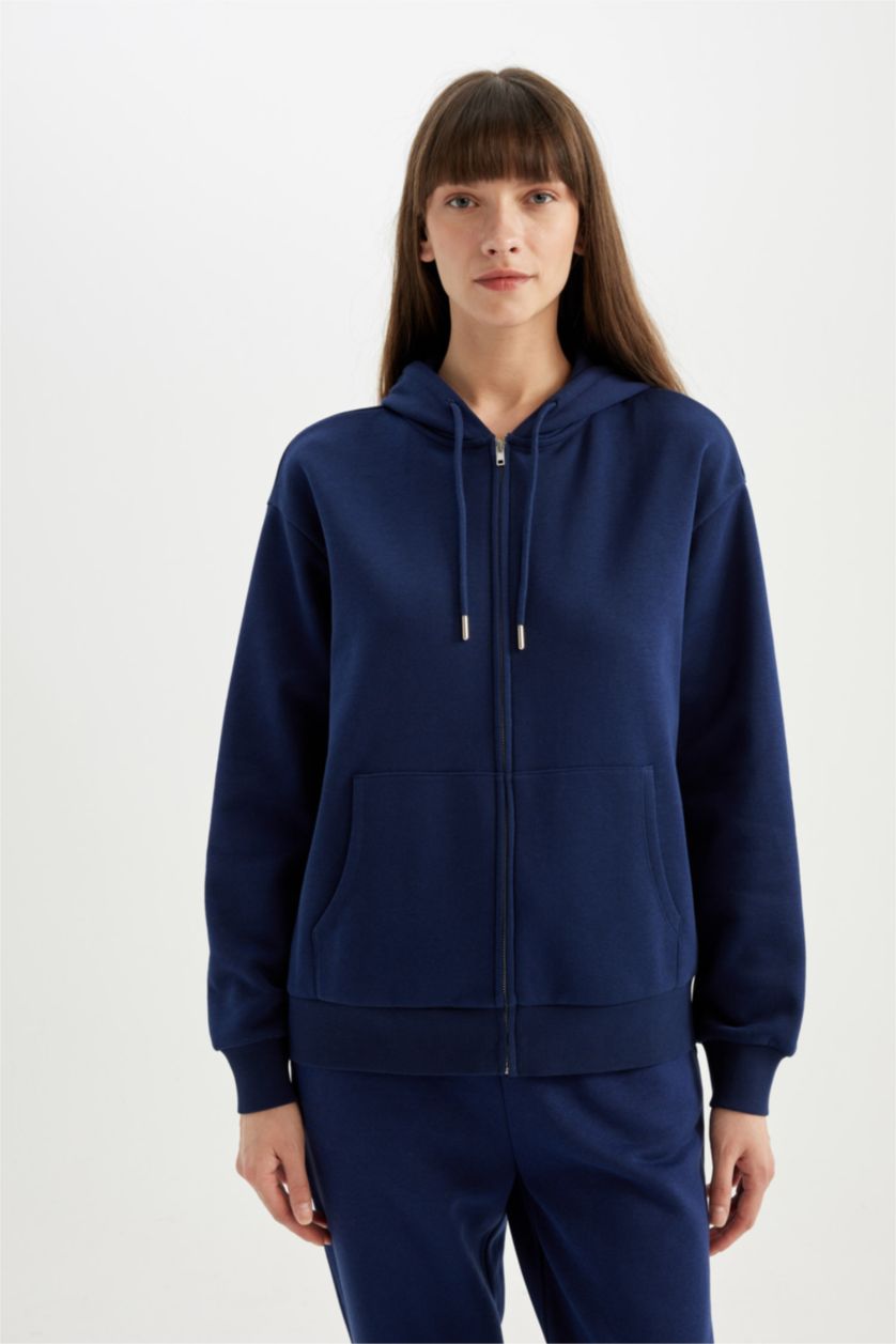 نساء كحلي Relax Fit Thick Sweatshirt Fabric Cardigan