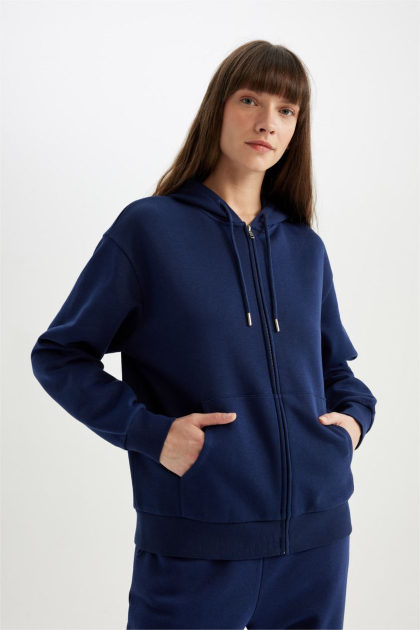 نساء كحلي Relax Fit Thick Sweatshirt Fabric Cardigan