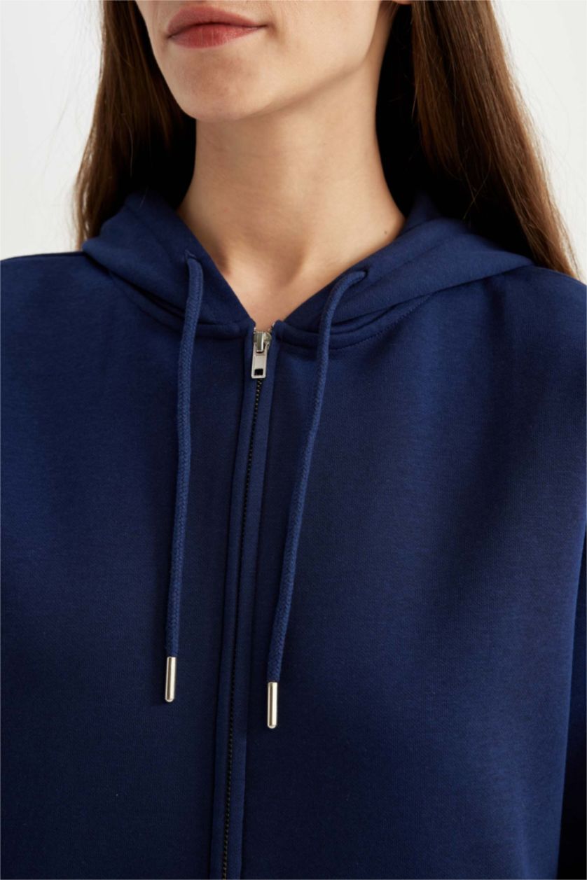 نساء كحلي Relax Fit Thick Sweatshirt Fabric Cardigan