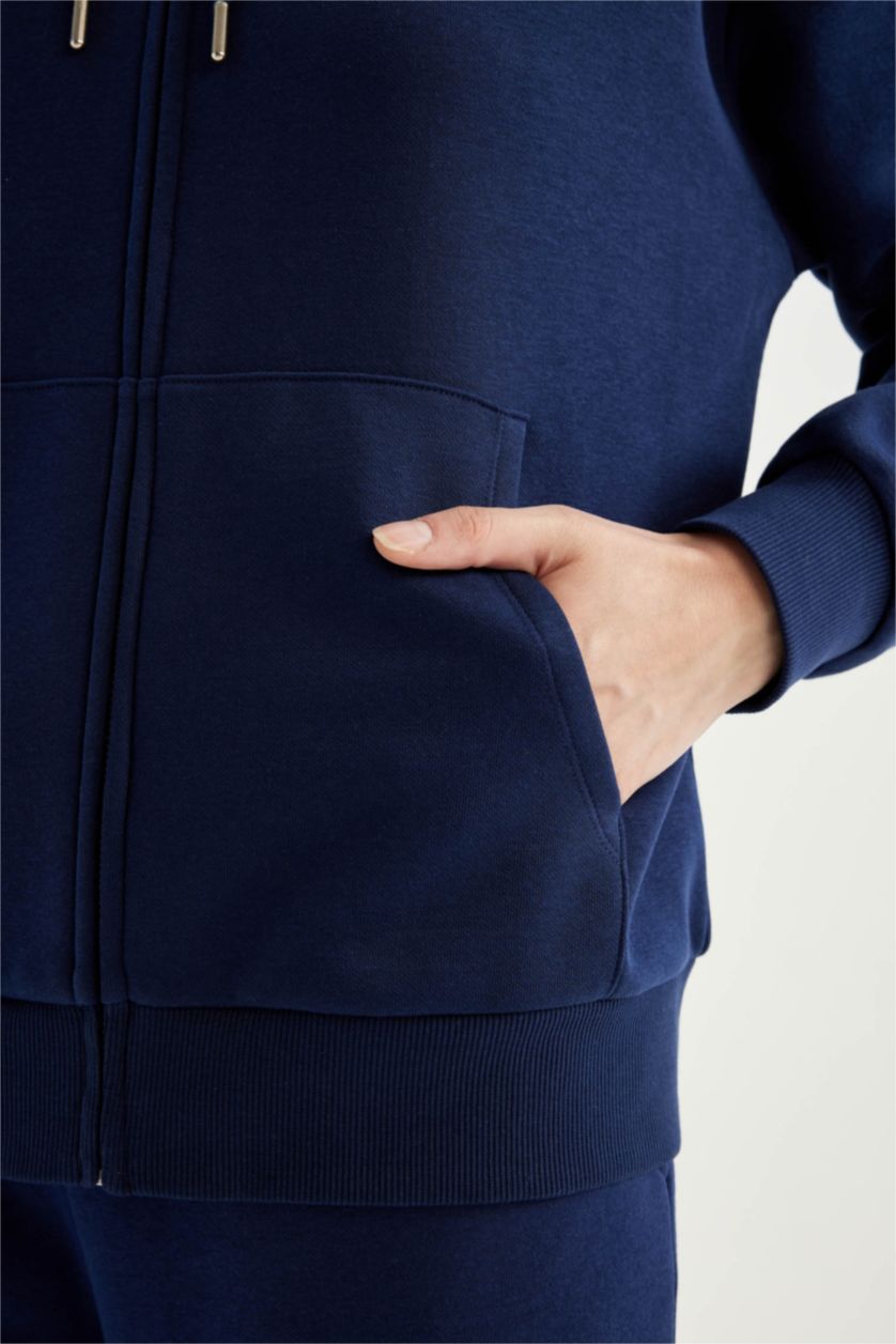 نساء كحلي Relax Fit Thick Sweatshirt Fabric Cardigan