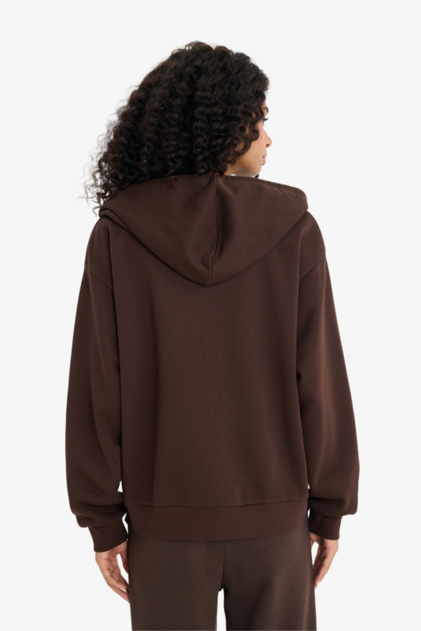 Женщины Коричневый Свободный крой, толстовка с капюшоном, базовая, однотонная, из плотного материала