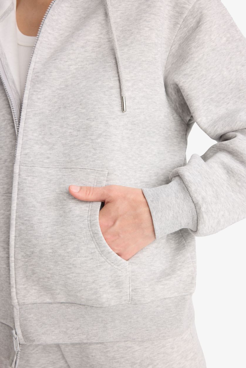 نساء ميلانج رمادي جاكيت رياضي سادة بيزك ثقيل قصة مريحة بغطاء للرأس