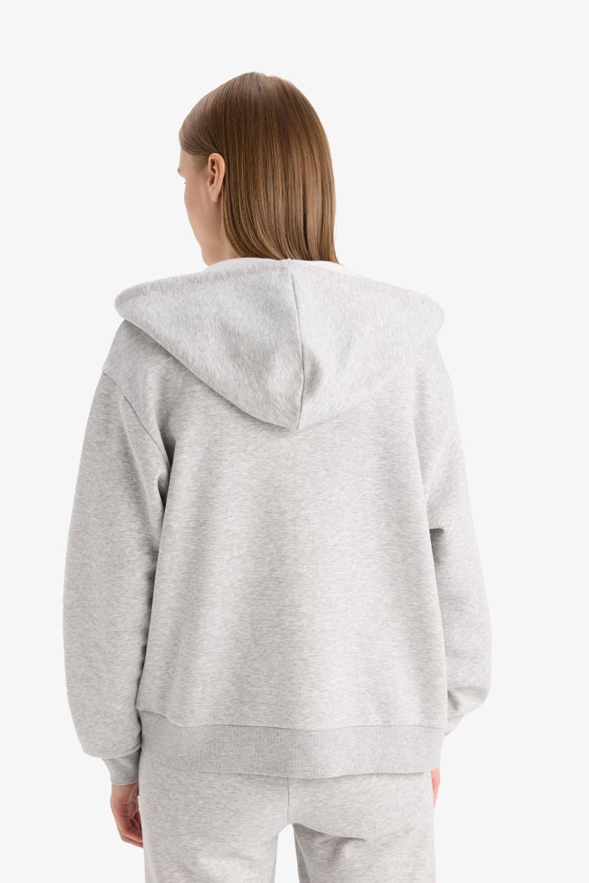 نساء ميلانج رمادي جاكيت رياضي سادة بيزك ثقيل قصة مريحة بغطاء للرأس