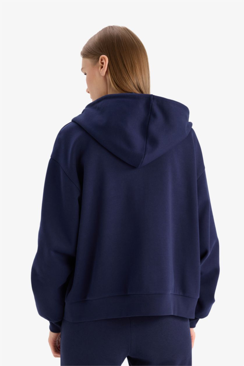Женщины Синий Свободный крой, толстовка с капюшоном, базовая, однотонная, из плотного материала