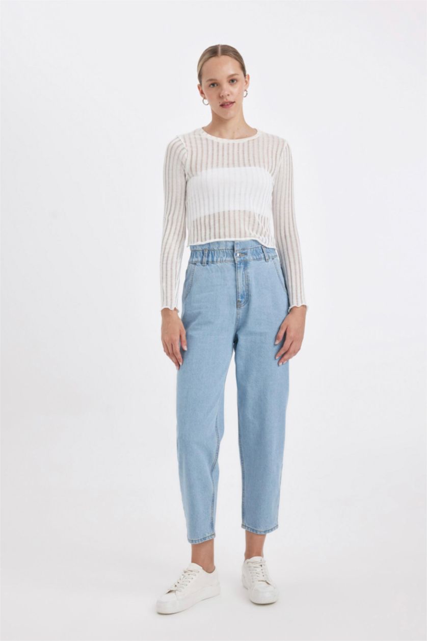 FEMME BLEU Clair Pantalon Jean Style Paperbag délavé à Taille Haute et longueur cheville