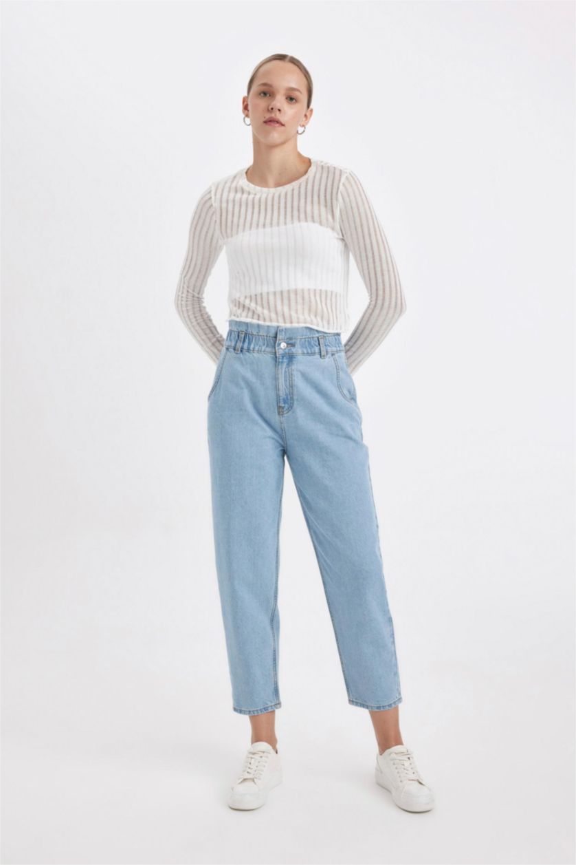 FEMME BLEU Clair Pantalon Jean Style Paperbag délavé à Taille Haute et longueur cheville