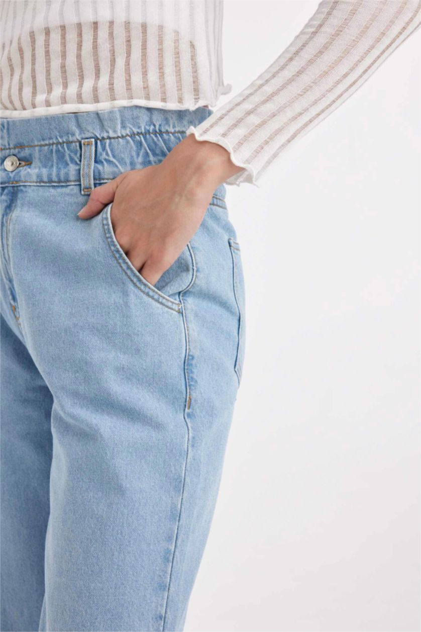 FEMME BLEU Clair Pantalon Jean Style Paperbag délavé à Taille Haute et longueur cheville