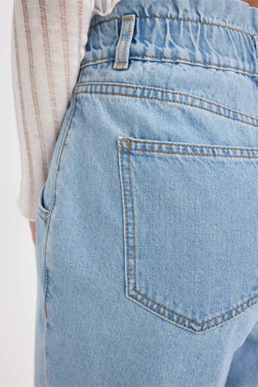 FEMME BLEU Clair Pantalon Jean Style Paperbag délavé à Taille Haute et longueur cheville