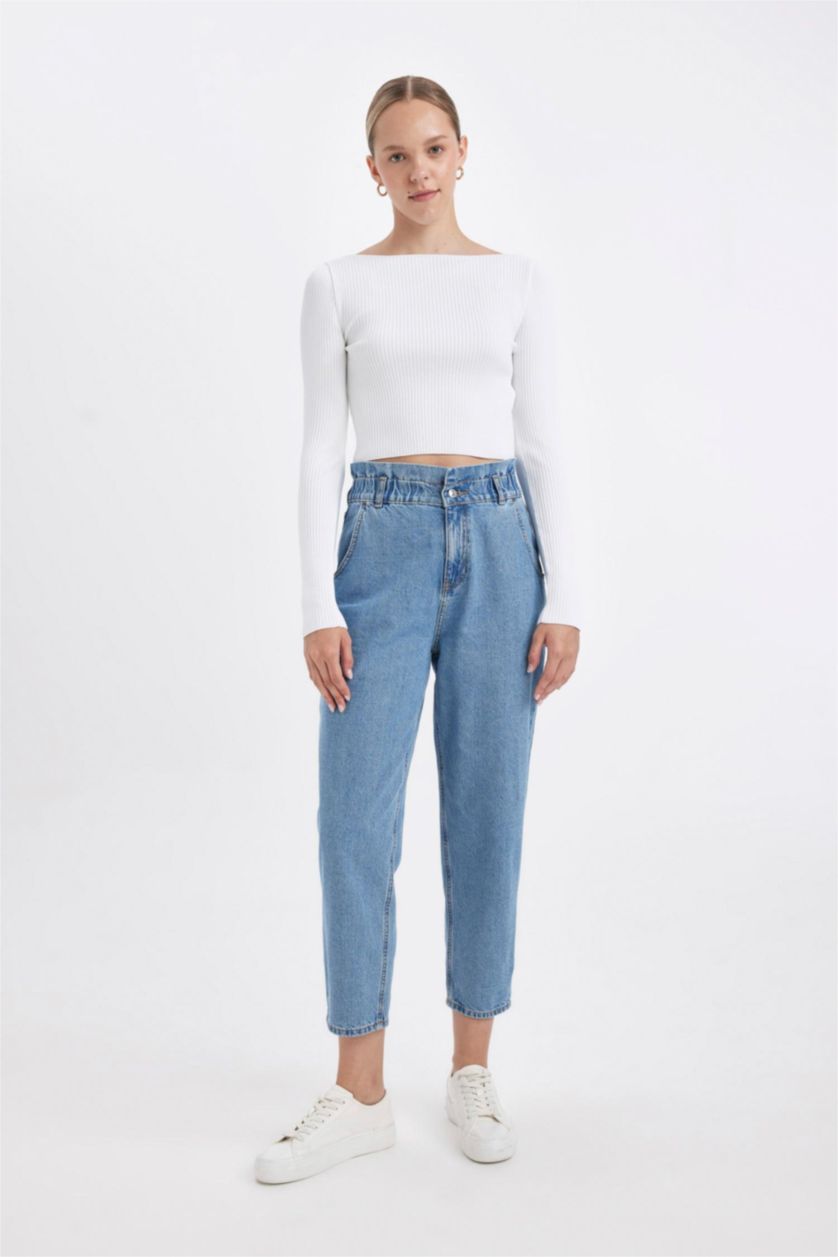 FEMME Bleu Pantalon Jean Style Paperbag délavé à Taille Haute et longueur cheville