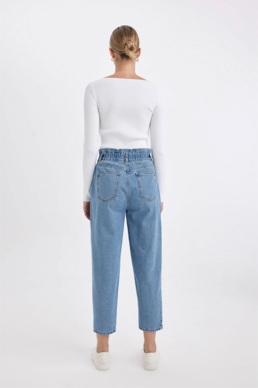 FEMME Bleu Pantalon Jean Style Paperbag délavé à Taille Haute et longueur cheville