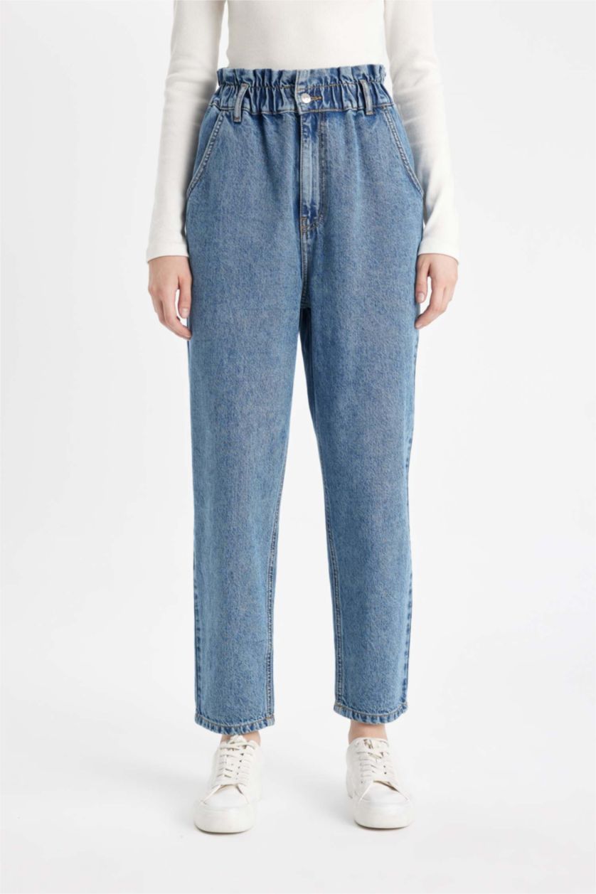 نساء أزرق سروال جينز بيبرباج بخصر عالي وتأثير باهت