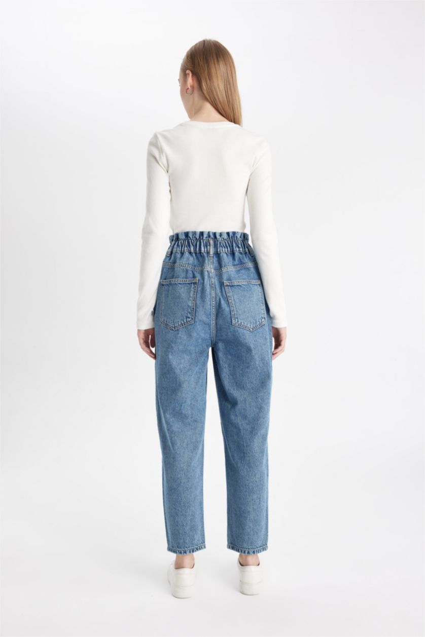 نساء أزرق سروال جينز بيبرباج بخصر عالي وتأثير باهت