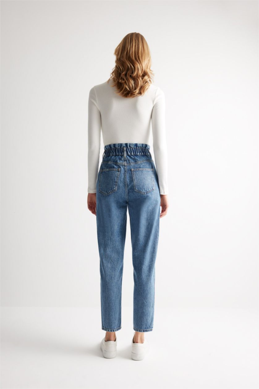 نساء أزرق سروال جينز بيبرباج بخصر عالي وتأثير باهت