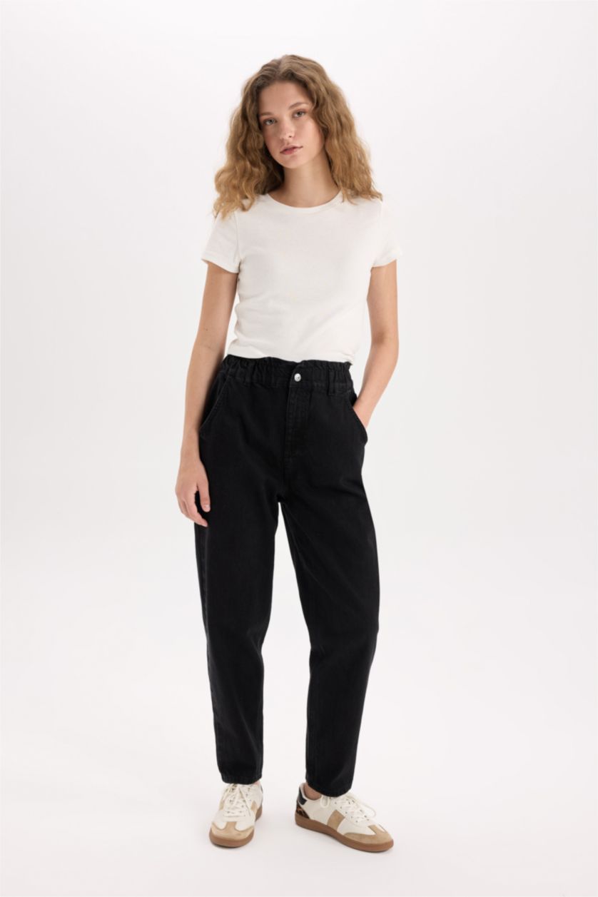 FEMME Noir Jean paperbag à taille haute Coupe droite