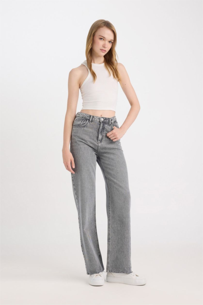 FEMME Gris Pantalon Jean large et taille haute délavé Style des années 90