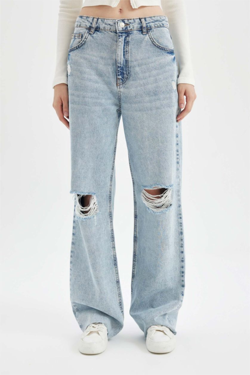 Kadın Açık İndigo Yüksek Bel 90's Wıde Leg Pantolon