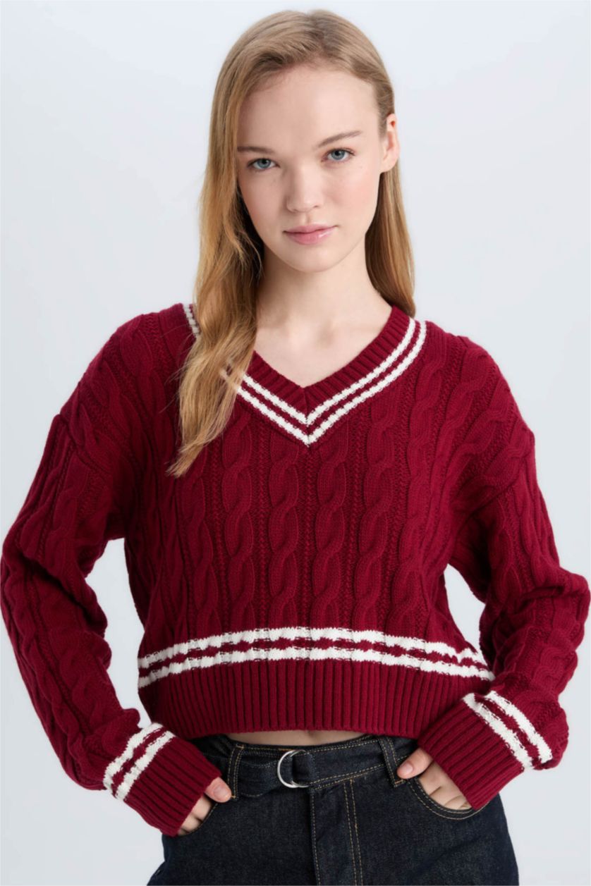 Женщины Бордовый Пуловер стандартного кроя с V-образным вырезом из трикотажа для женщин
