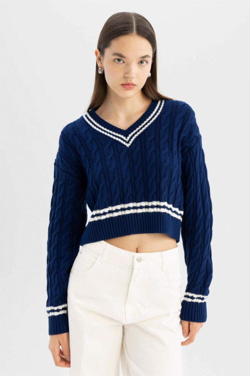 Kadın Lacivert Regular Fit V Yaka Saç Örgülü Çizgi Triko Kazak