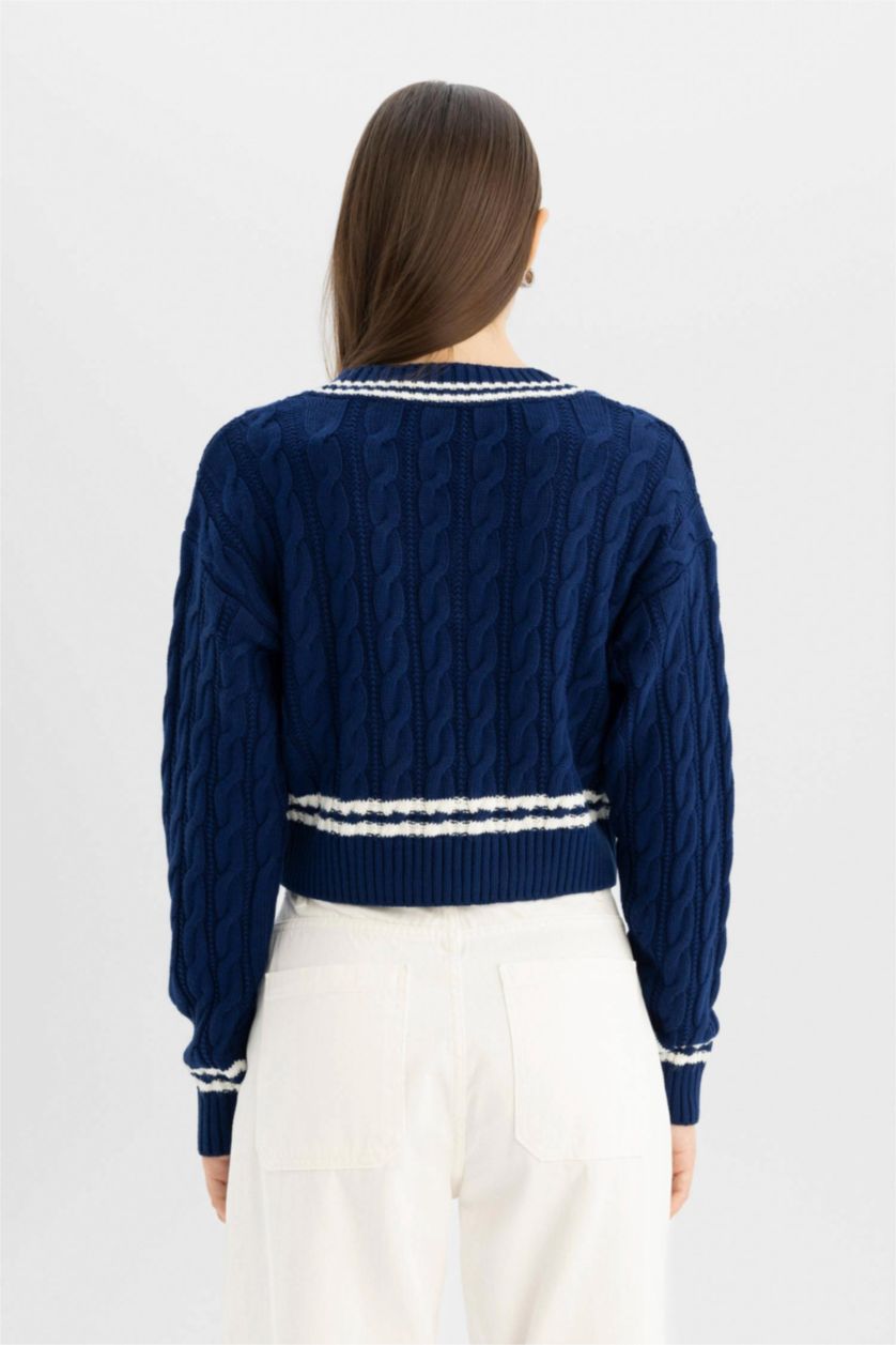 Kadın Lacivert Regular Fit V Yaka Saç Örgülü Çizgi Triko Kazak