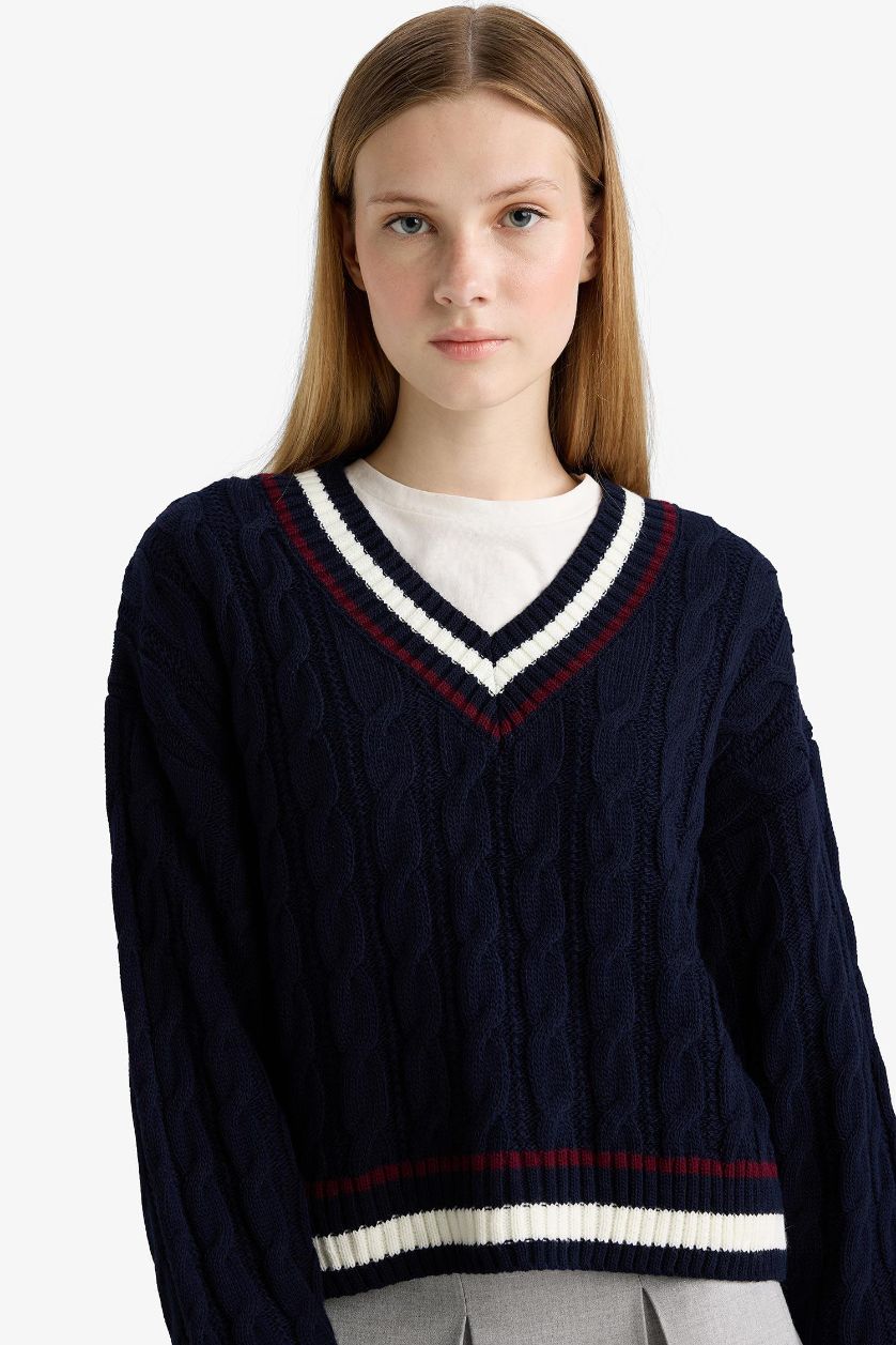WOMAN NAVY Regular Fit V Neck Knit Pullover