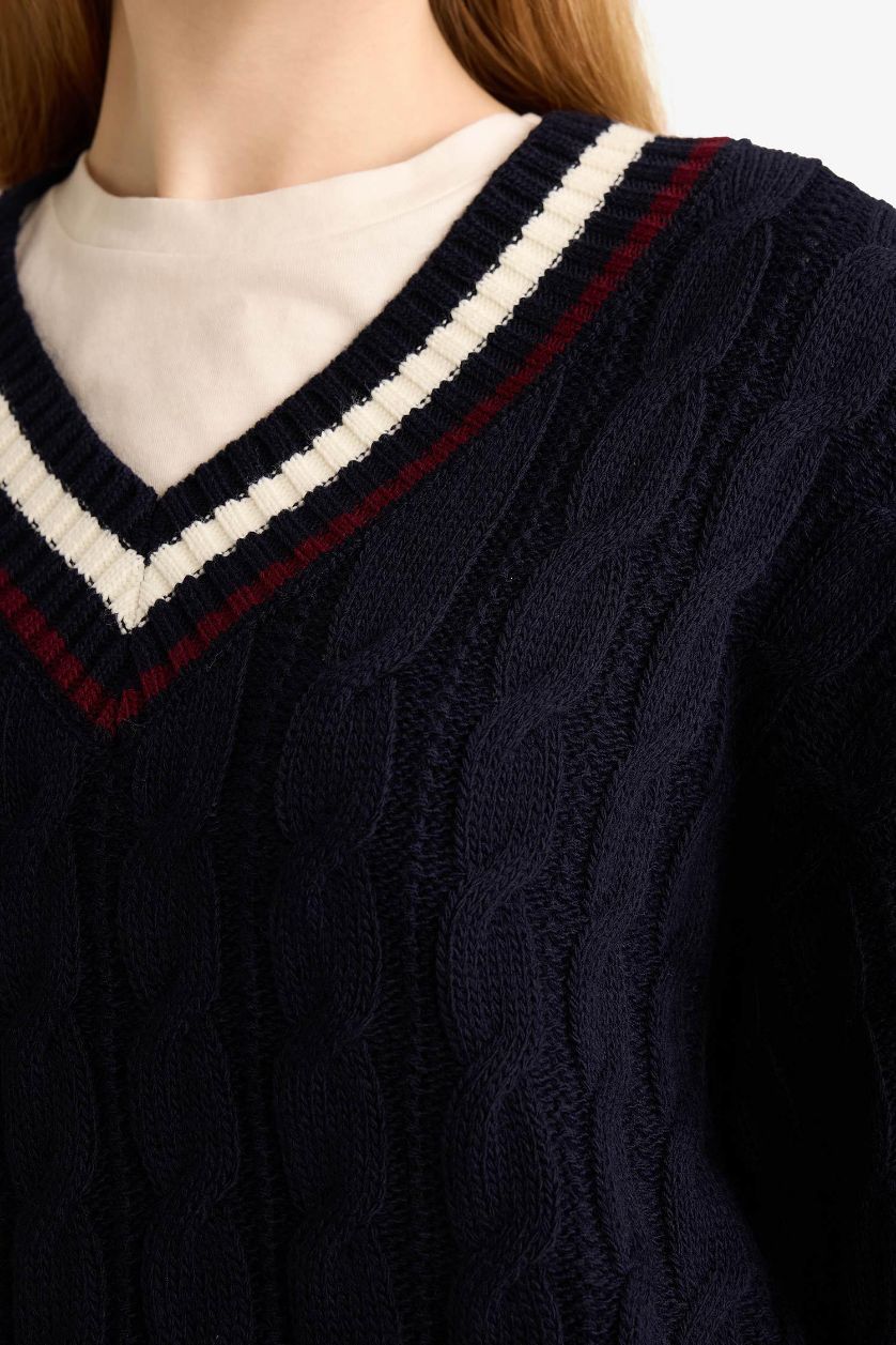 WOMAN NAVY Regular Fit V Neck Knit Pullover