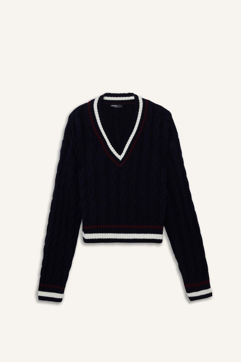 WOMAN NAVY Regular Fit V Neck Knit Pullover