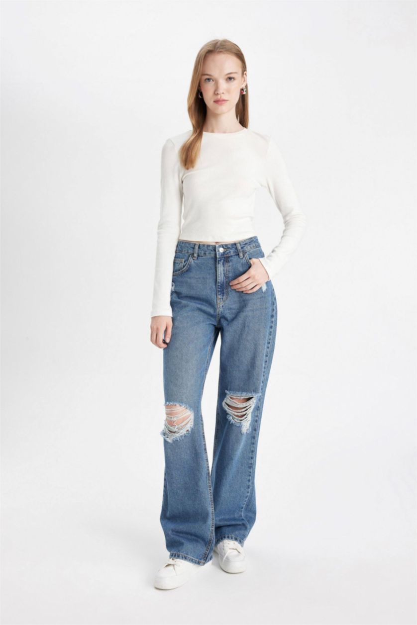 Kadın Mavi 90's Wıde Leg Yırtık Detaylı Yüksek Bel Uzun Jean Yıkamalı Pantolon