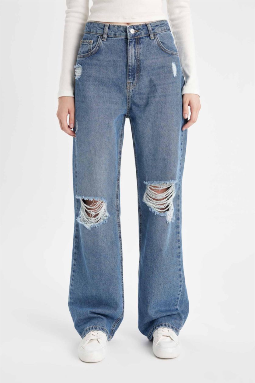 Kadın Mavi 90's Wıde Leg Yırtık Detaylı Yüksek Bel Uzun Jean Yıkamalı Pantolon