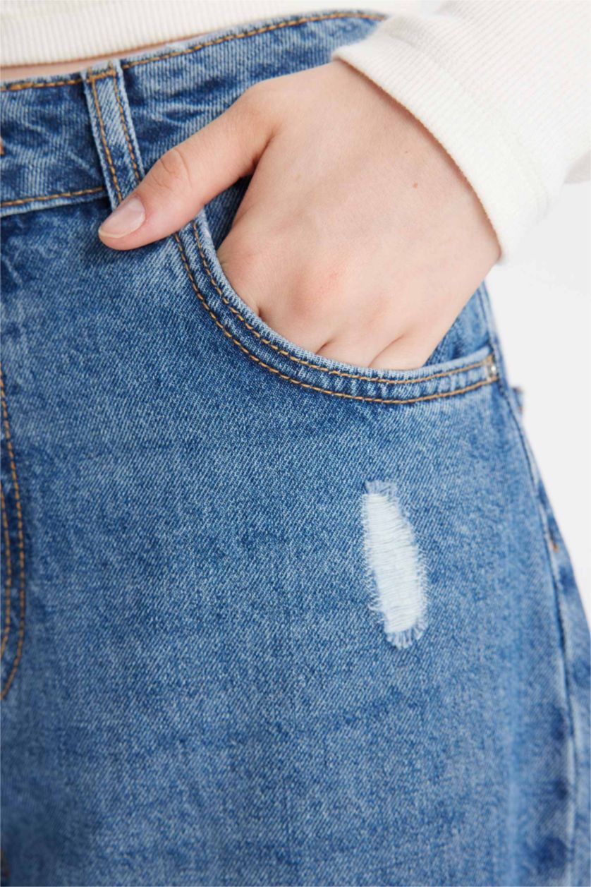 Kadın Mavi 90's Wıde Leg Yırtık Detaylı Yüksek Bel Uzun Jean Yıkamalı Pantolon