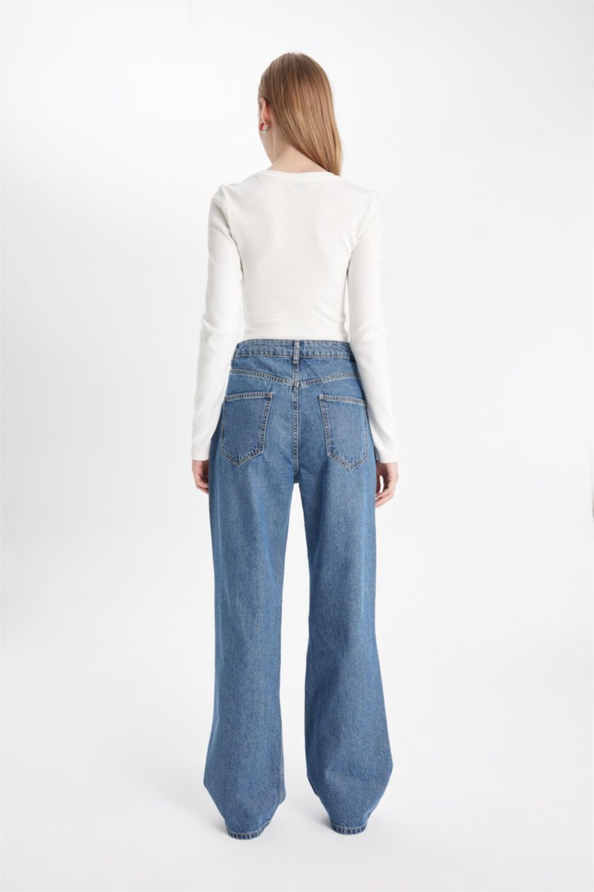 Kadın Mavi 90's Wıde Leg Yırtık Detaylı Yüksek Bel Uzun Jean Yıkamalı Pantolon