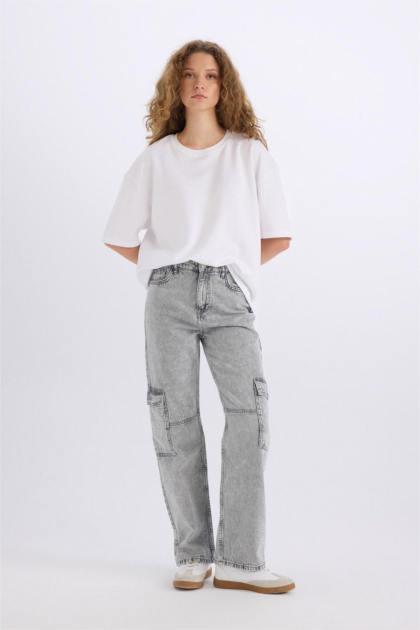 Kadın Gri Yüksek Bel 90's Wıde Leg Pantolon