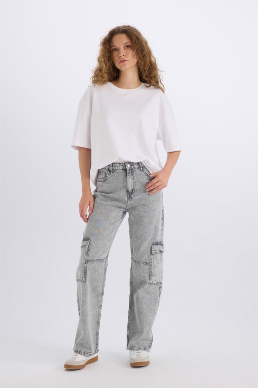 Kadın Gri Yüksek Bel 90's Wıde Leg Pantolon